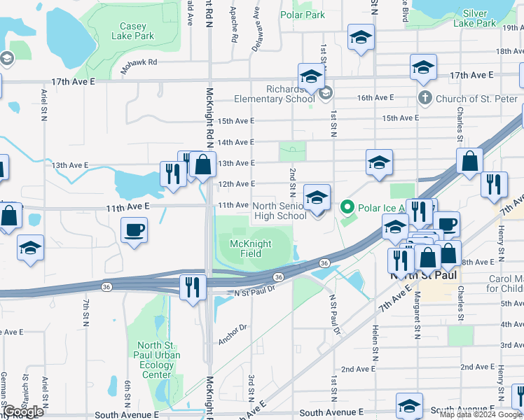 map of restaurants, bars, coffee shops, grocery stores, and more near 2343 10th Avenue East in North Saint Paul