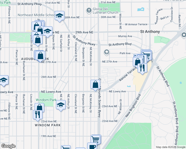 map of restaurants, bars, coffee shops, grocery stores, and more near in Minneapolis