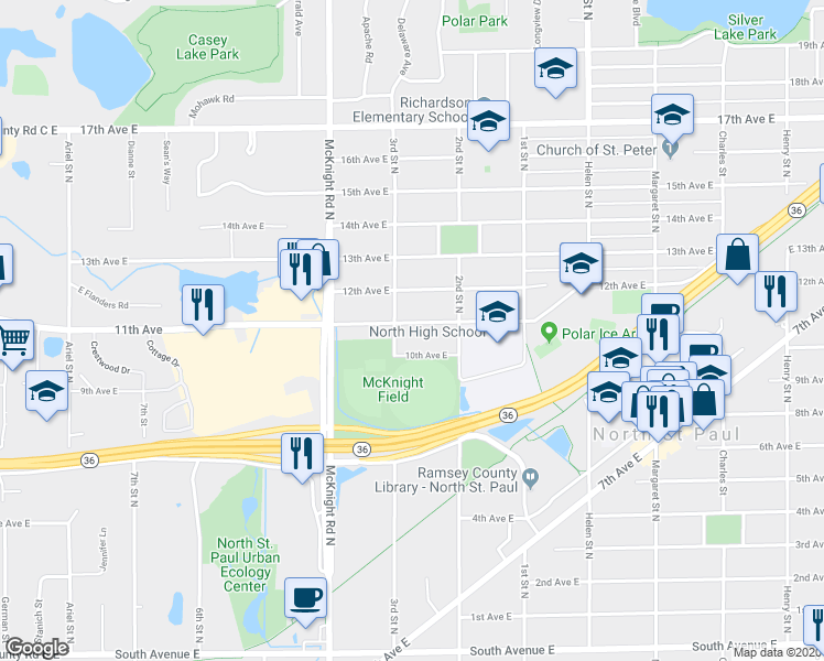 map of restaurants, bars, coffee shops, grocery stores, and more near 2334 11th Avenue in North Saint Paul