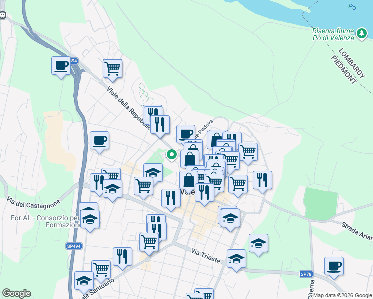 map of restaurants, bars, coffee shops, grocery stores, and more near 2 Viale della Repubblica in Valenza