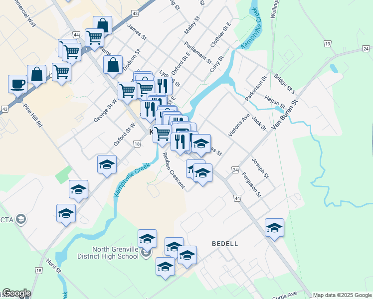 map of restaurants, bars, coffee shops, grocery stores, and more near 203 Prescott Street in Kemptville