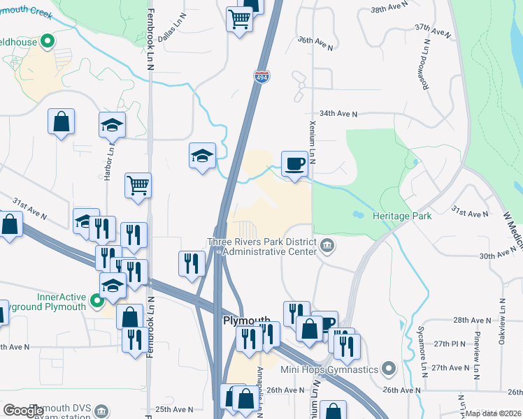 map of restaurants, bars, coffee shops, grocery stores, and more near 3033 Campus Drive in Plymouth
