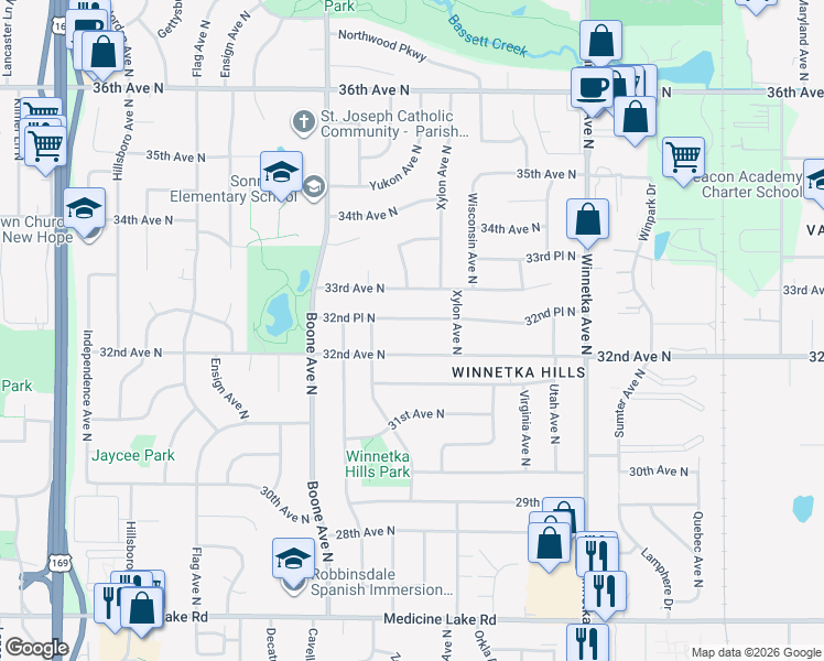 map of restaurants, bars, coffee shops, grocery stores, and more near 8400 32nd Avenue North in Minneapolis