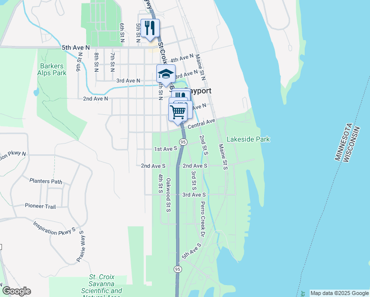 map of restaurants, bars, coffee shops, grocery stores, and more near 305 1st Avenue South in Bayport