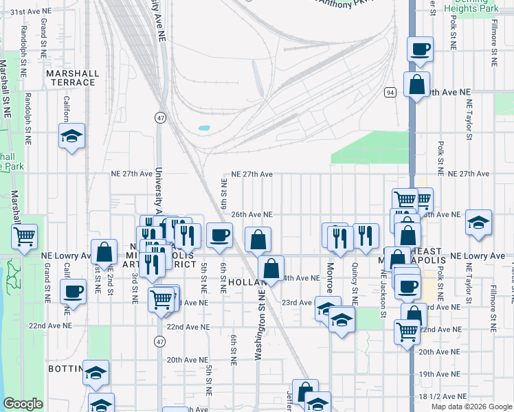 map of restaurants, bars, coffee shops, grocery stores, and more near in Minneapolis