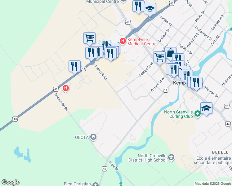 map of restaurants, bars, coffee shops, grocery stores, and more near 208 Pine Hill Road in Kemptville