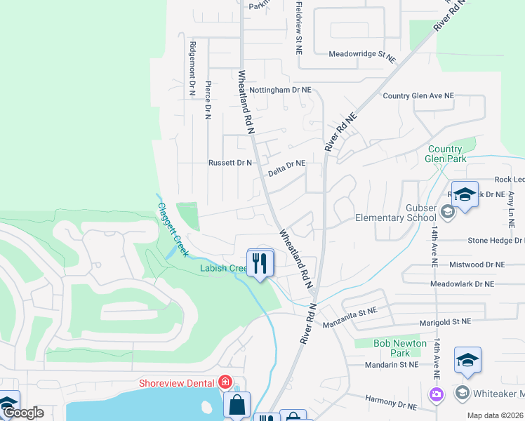 map of restaurants, bars, coffee shops, grocery stores, and more near 6651 Veranda Court North in Keizer
