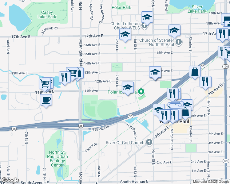 map of restaurants, bars, coffee shops, grocery stores, and more near 2363 10th Avenue East in North Saint Paul