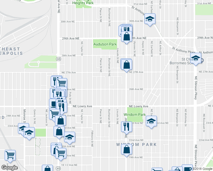 map of restaurants, bars, coffee shops, grocery stores, and more near 2600 Buchanan Street Northeast in Minneapolis