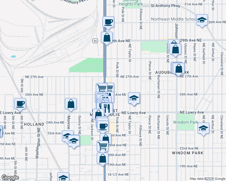 map of restaurants, bars, coffee shops, grocery stores, and more near 957 26th Avenue Northeast in Minneapolis