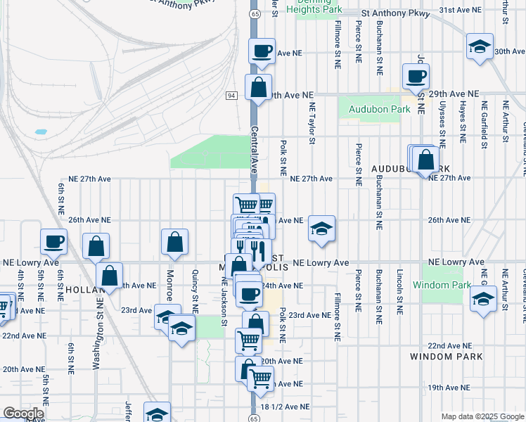 map of restaurants, bars, coffee shops, grocery stores, and more near in Minneapolis