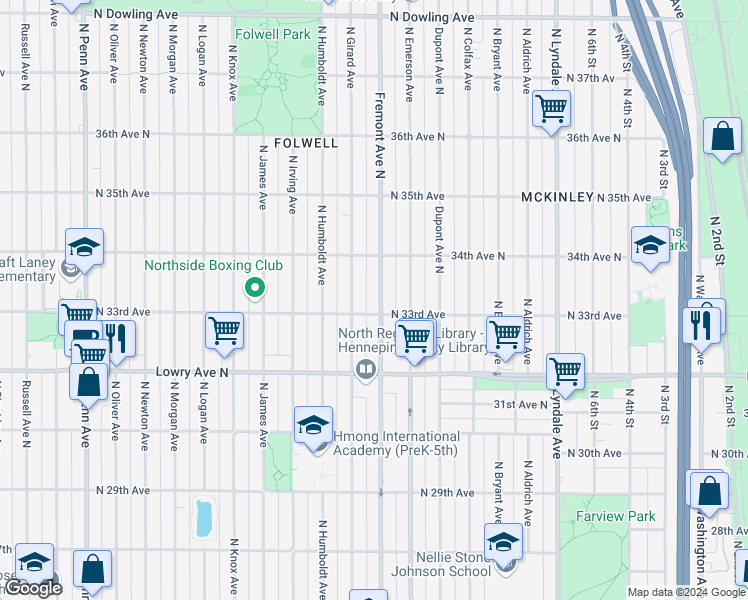 map of restaurants, bars, coffee shops, grocery stores, and more near in Minneapolis