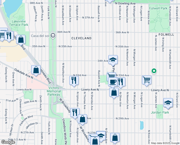 map of restaurants, bars, coffee shops, grocery stores, and more near 3256 North Sheridan Avenue in Minneapolis