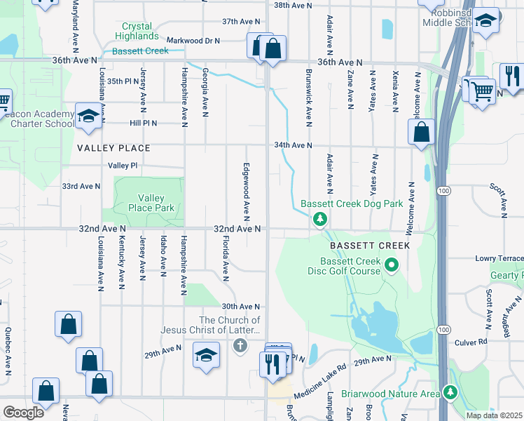 map of restaurants, bars, coffee shops, grocery stores, and more near 3200 Douglas Drive North in Crystal