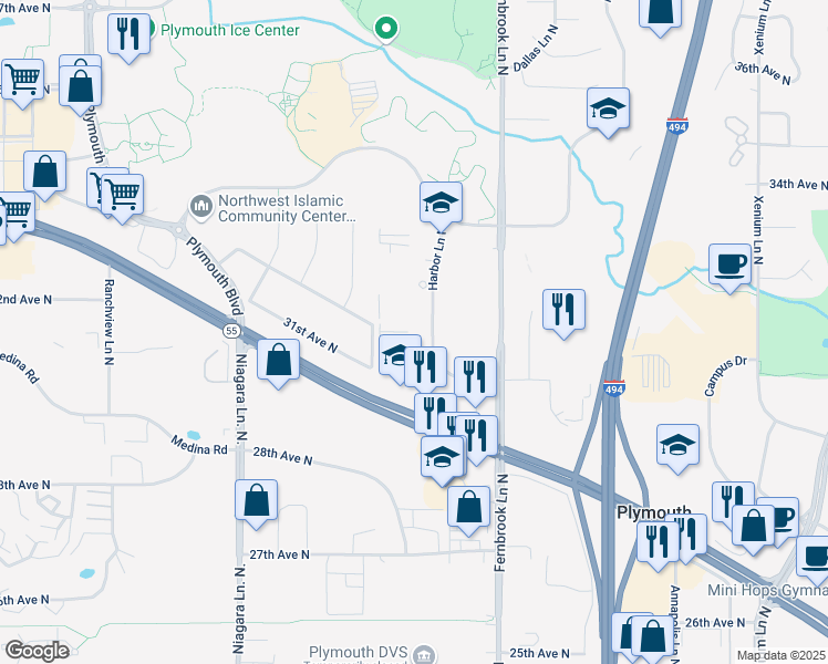 map of restaurants, bars, coffee shops, grocery stores, and more near 3165 Harbor Lane North in Plymouth