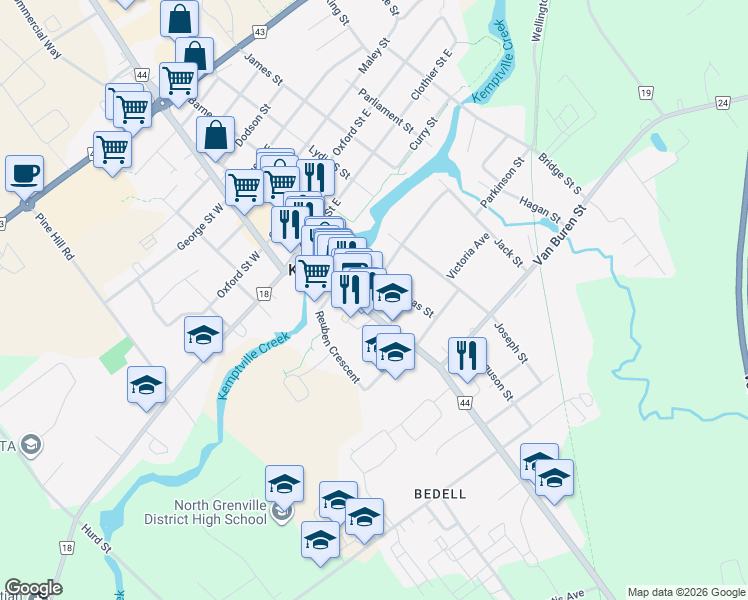 map of restaurants, bars, coffee shops, grocery stores, and more near 223 Prescott Street in Kemptville