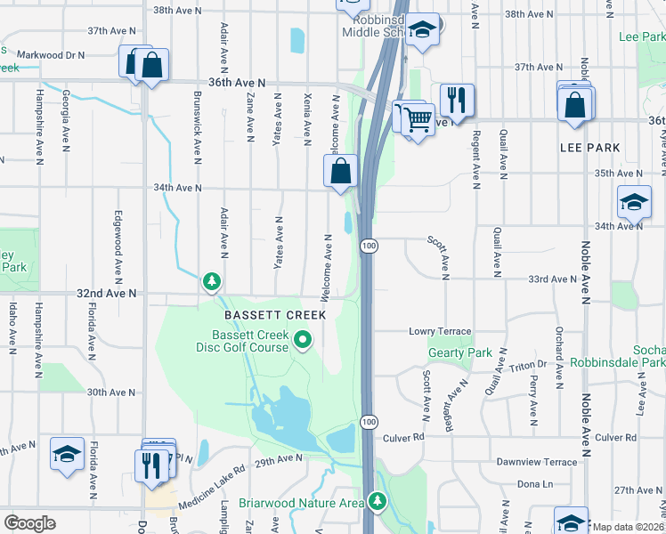 map of restaurants, bars, coffee shops, grocery stores, and more near 3216 Welcome Avenue North in Minneapolis