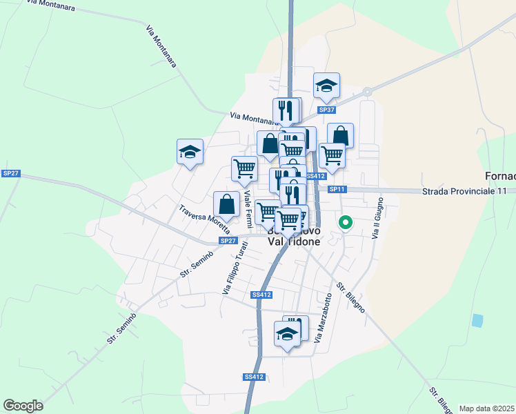 map of restaurants, bars, coffee shops, grocery stores, and more near 55 Viale Fermi in Borgonovo Val Tidone