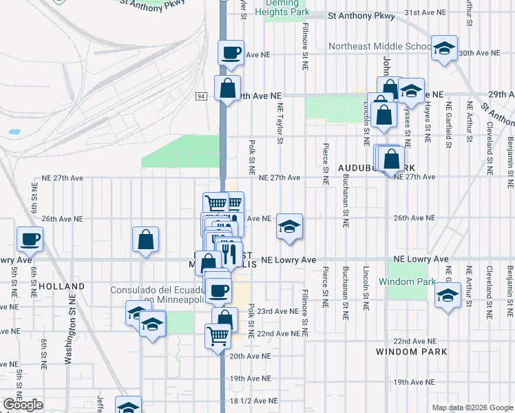 map of restaurants, bars, coffee shops, grocery stores, and more near 1019 26th Avenue Northeast in Minneapolis