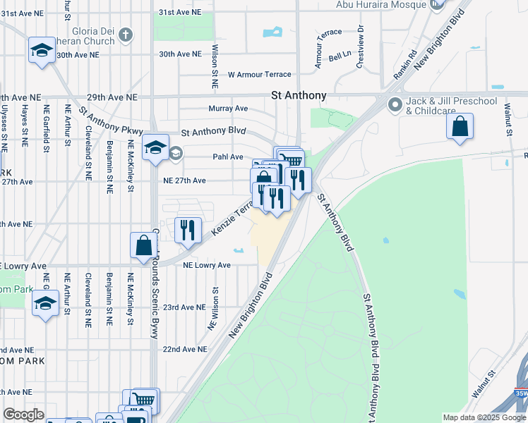 map of restaurants, bars, coffee shops, grocery stores, and more near 2654 Kenzie Terrace in Minneapolis