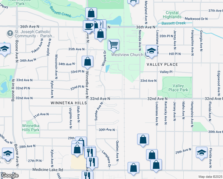 map of restaurants, bars, coffee shops, grocery stores, and more near in Crystal