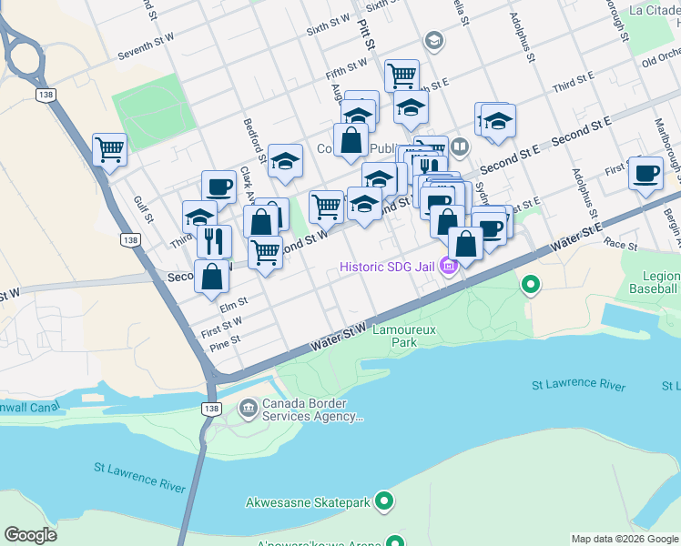 map of restaurants, bars, coffee shops, grocery stores, and more near 213 First Street West in Cornwall