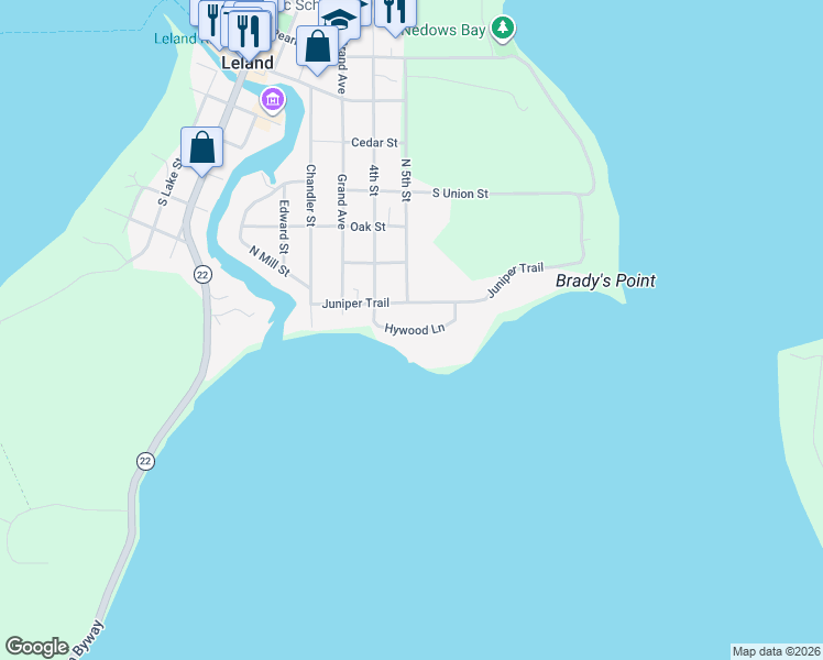 map of restaurants, bars, coffee shops, grocery stores, and more near Hywood Lane in Leland
