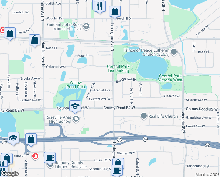 map of restaurants, bars, coffee shops, grocery stores, and more near 1114 Transit Avenue in Roseville