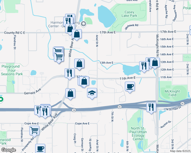map of restaurants, bars, coffee shops, grocery stores, and more near in Ramsey County