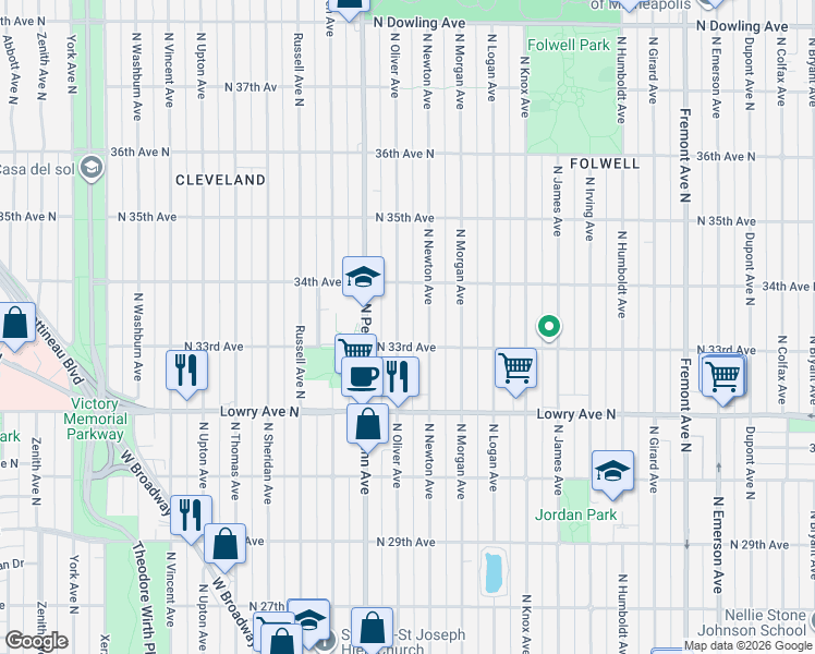 map of restaurants, bars, coffee shops, grocery stores, and more near 3259 North Newton Avenue in Minneapolis