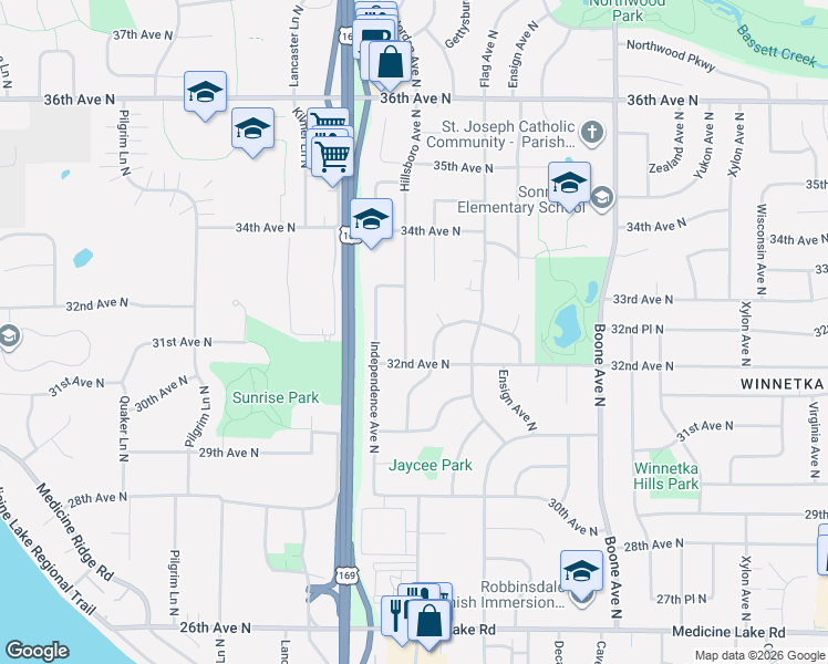 map of restaurants, bars, coffee shops, grocery stores, and more near 3201 Gettysburg Avenue North in Minneapolis