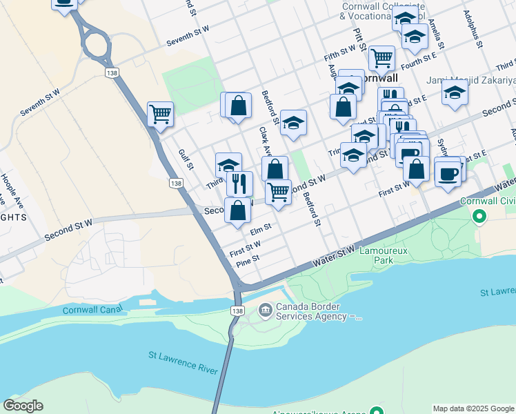 map of restaurants, bars, coffee shops, grocery stores, and more near 418 Second Street West in Cornwall