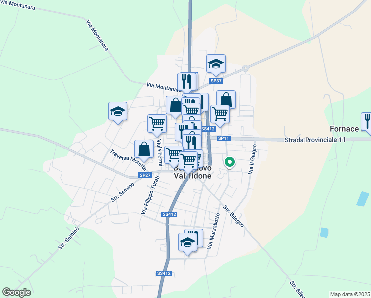 map of restaurants, bars, coffee shops, grocery stores, and more near 99 Via Roma in Borgonovo Val Tidone