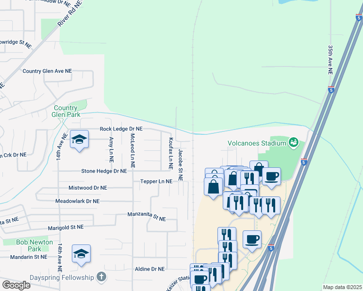 map of restaurants, bars, coffee shops, grocery stores, and more near 6629 Jacobe Street Northeast in Keizer