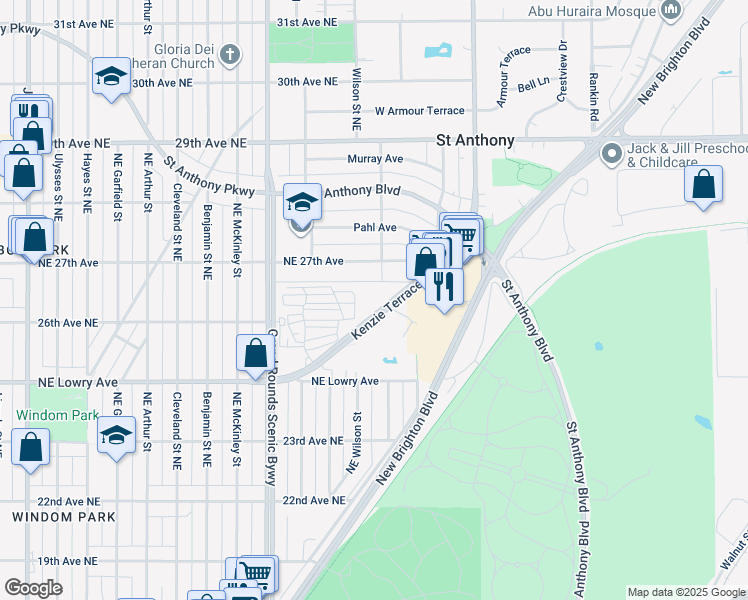map of restaurants, bars, coffee shops, grocery stores, and more near 2626 Kenzie Terrace in Minneapolis