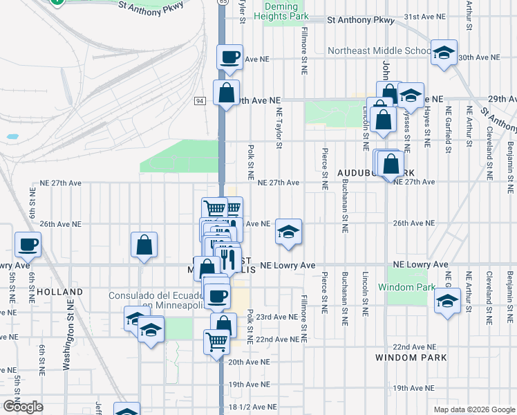 map of restaurants, bars, coffee shops, grocery stores, and more near 1019 26th Avenue Northeast in Minneapolis