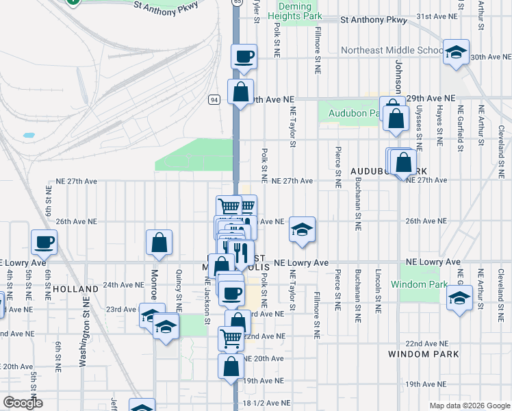 map of restaurants, bars, coffee shops, grocery stores, and more near 957 26th Avenue Northeast in Minneapolis