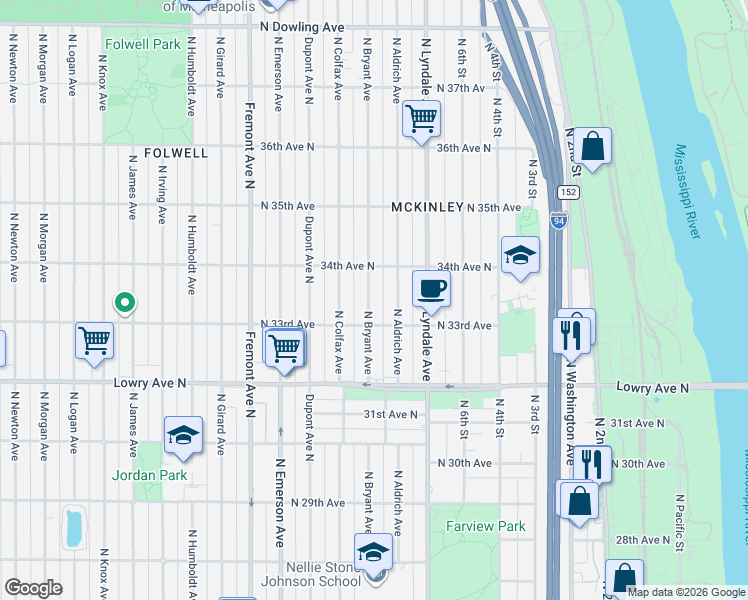 map of restaurants, bars, coffee shops, grocery stores, and more near 3301 North Bryant Avenue in Minneapolis
