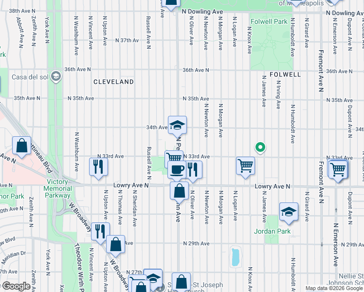 map of restaurants, bars, coffee shops, grocery stores, and more near 3255 North Oliver Avenue in Minneapolis