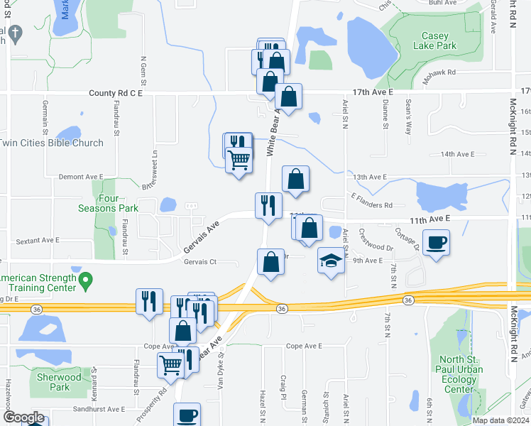 map of restaurants, bars, coffee shops, grocery stores, and more near White Bear Ave N & 11th Ave E in Maplewood