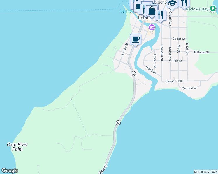map of restaurants, bars, coffee shops, grocery stores, and more near 601-705 South Lake Street in Leland