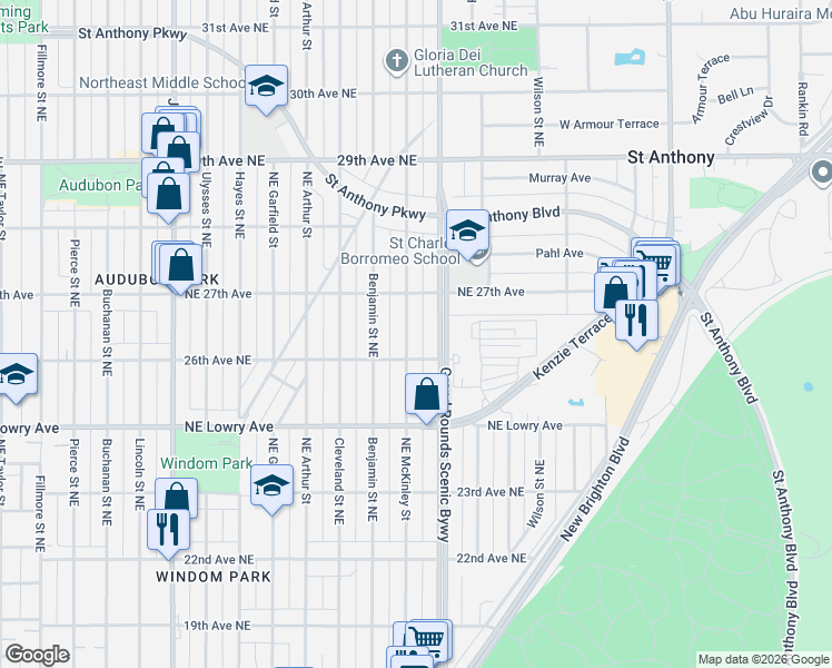 map of restaurants, bars, coffee shops, grocery stores, and more near in Minneapolis