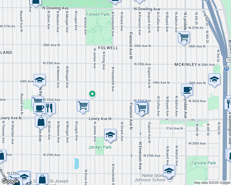 map of restaurants, bars, coffee shops, grocery stores, and more near 3322 Humboldt Avenue North in Minneapolis