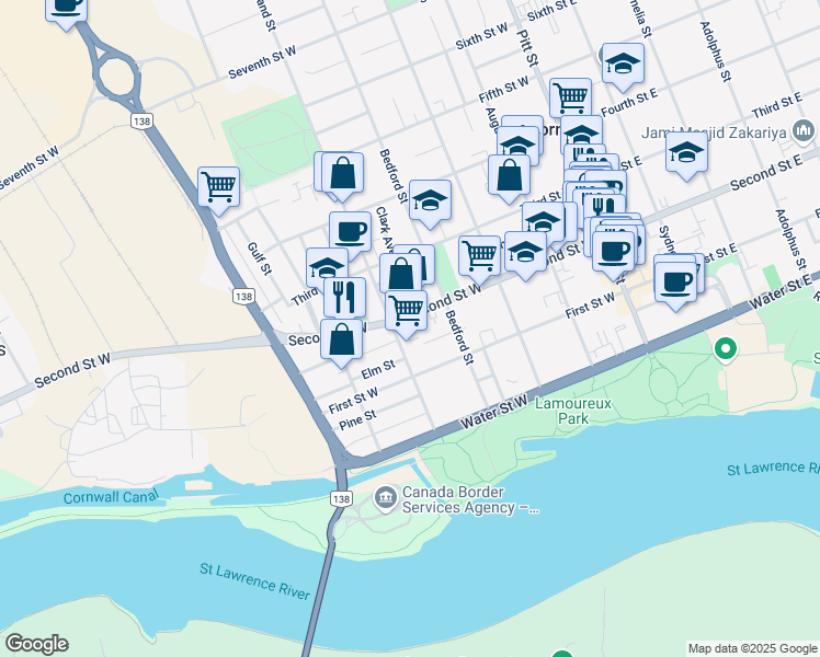 map of restaurants, bars, coffee shops, grocery stores, and more near 332 Second Street West in Cornwall
