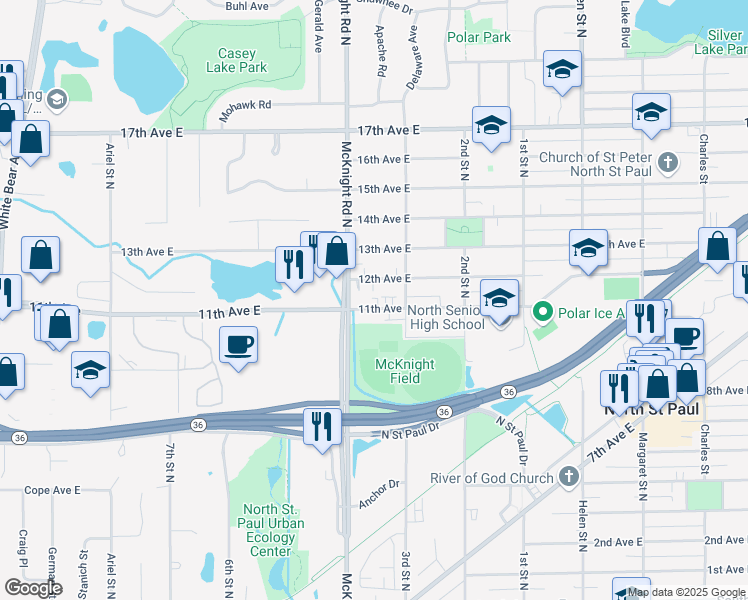 map of restaurants, bars, coffee shops, grocery stores, and more near 2269 12th Avenue East in North Saint Paul