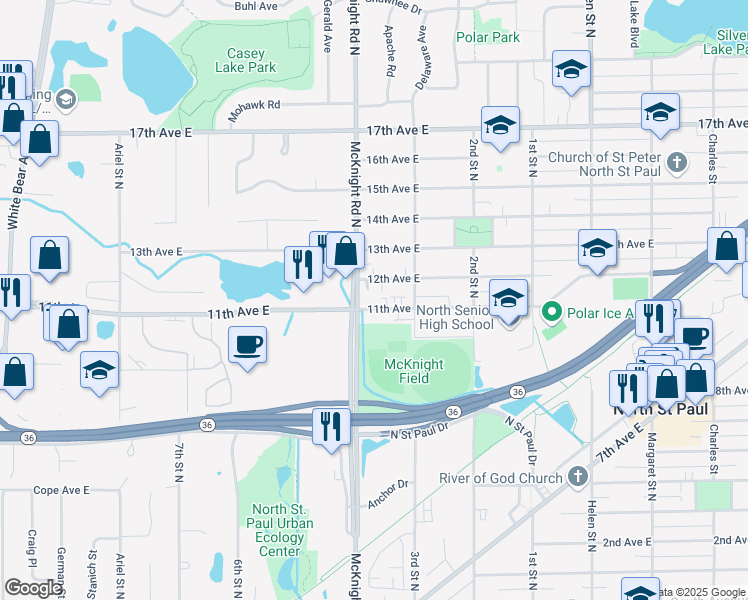 map of restaurants, bars, coffee shops, grocery stores, and more near 2269 12th Avenue East in North Saint Paul