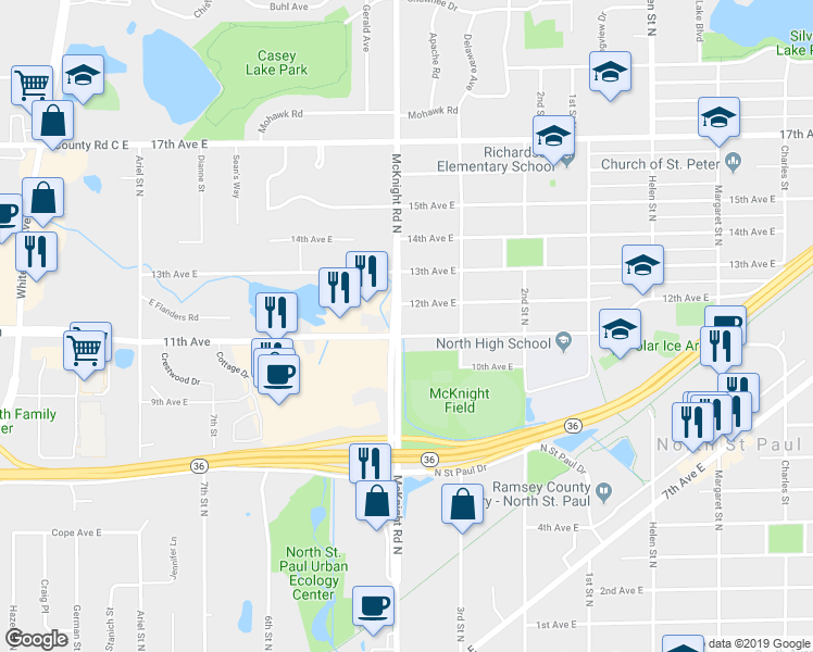 map of restaurants, bars, coffee shops, grocery stores, and more near 2269 12th Avenue East in North Saint Paul