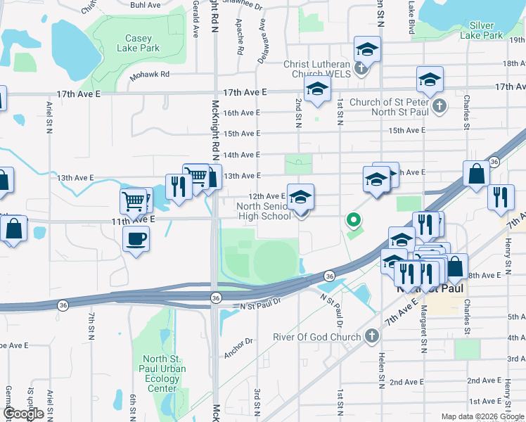 map of restaurants, bars, coffee shops, grocery stores, and more near 2327 11th Avenue in North Saint Paul