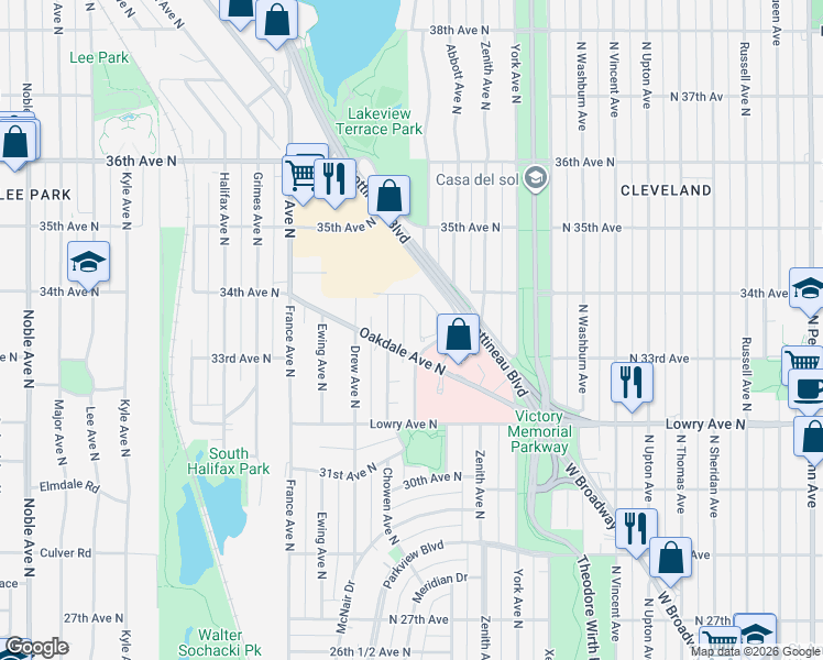 map of restaurants, bars, coffee shops, grocery stores, and more near 3349 Beard Avenue North in Minneapolis