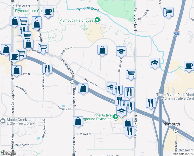 map of restaurants, bars, coffee shops, grocery stores, and more near 14805 32nd Avenue North in Minneapolis